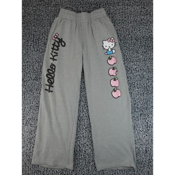 Hello Kitty Pants - Hello Kitty Sanrio Gray Wide Leg Sweatpants Glitter Apple Graphic Womens Medium